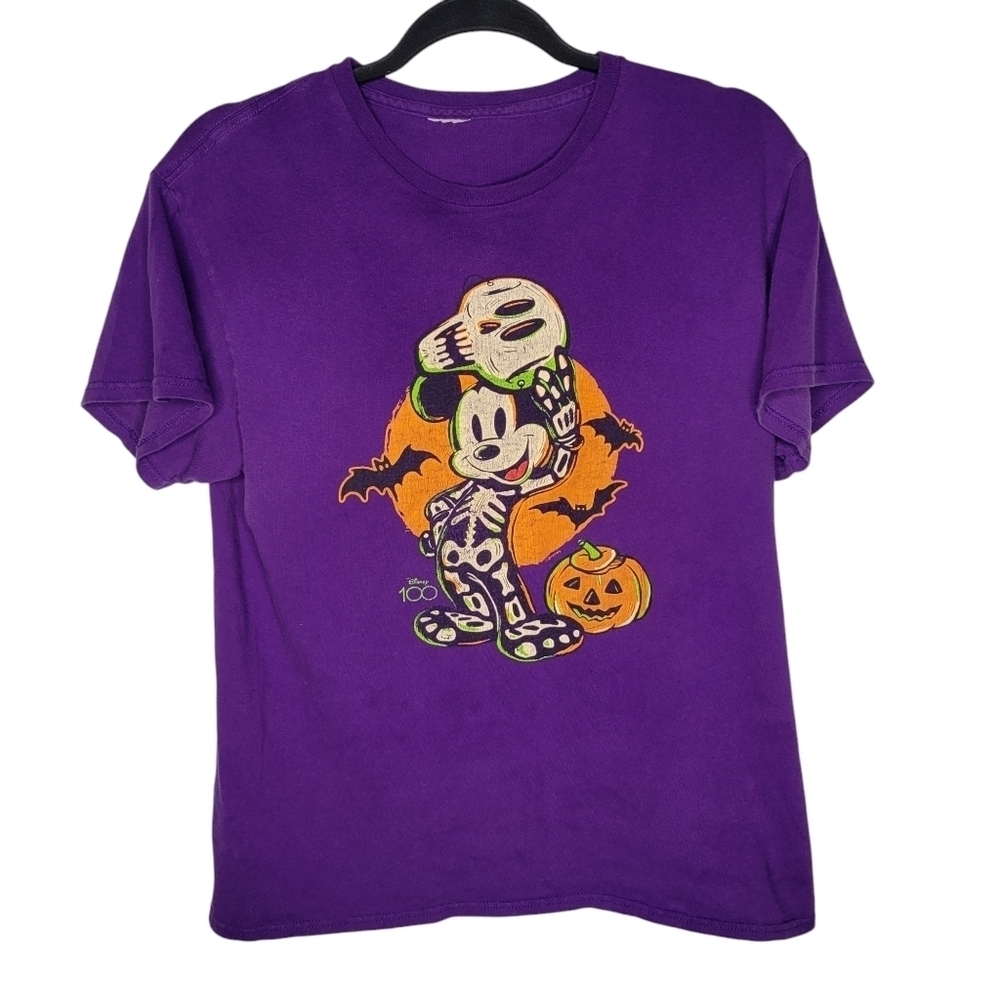 Mickey Mouse Disney Halloween Pumpkin Skull Bats Disney 100 T-Shirt in Purple